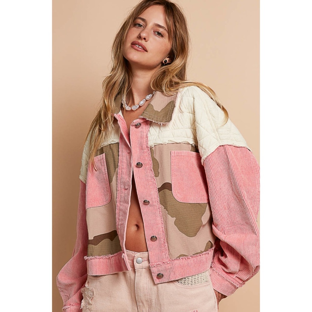 POL Pink Camo Patchwork Trucker Jacket | Quilted Corduroy - Picture 6 of 10